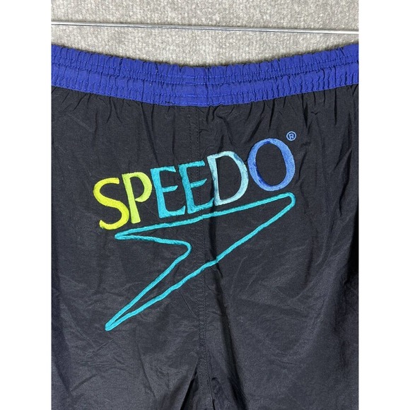 Vintage Speedo SPELLOUT Swim Trunks Mens Size XL Black Blue Pockets Drawstring - Picture 7 of 11